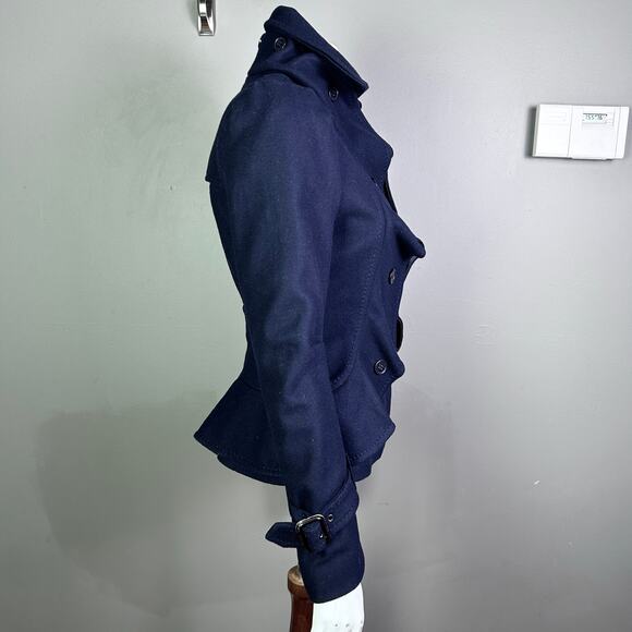 BCBG MaxAzria coat XS Pea Coat Military Ruffle Regal Royal Wool Spy Blue Trench - Picture 7 of 16